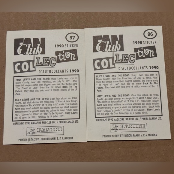 Huey Lewis and The News 1990 Panini Vintage Music Sticker Cards - Picture 3 of 3